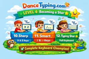 Colorful Dance Mat Typing Level 4 keyboard illustration showing Stage 10, 11, and 12 bottom row finger practice with a child’s hand placement guide.